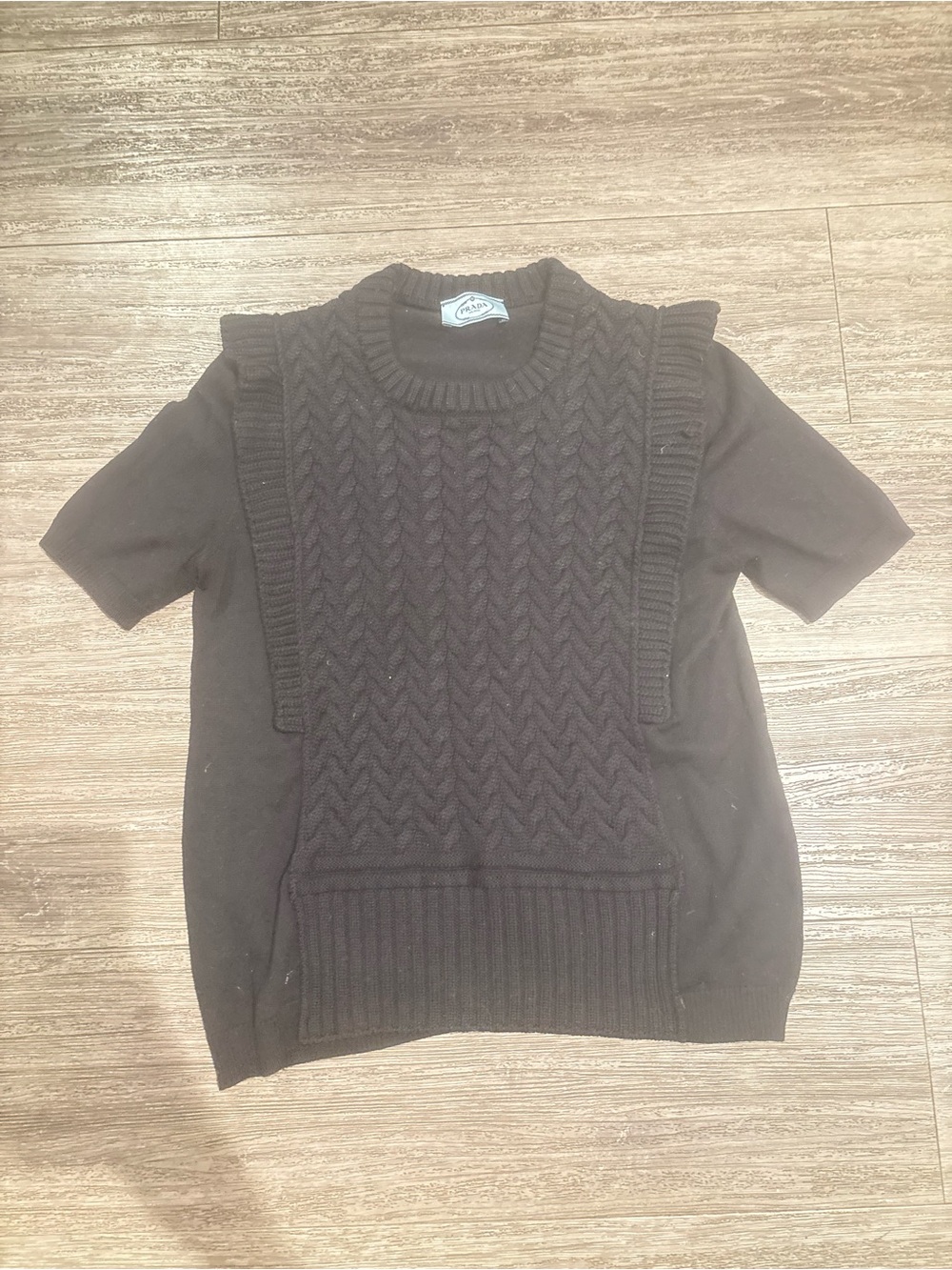 Prada Black Cable-Knit Short-Sleeve Crewneck Sweater